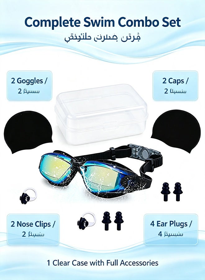 SUCITY 2 Sets 5-in-1 Anti-Fog Swimming Goggles - Goggle Set with Swimming Cap-Earplugs-Nose Clip-Leak-Proof Goggles-Waterproof Swimming Goggles that Can Effectively Block Ultraviolet Rays-Suitable for everyone - Image 3
