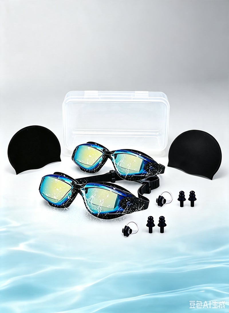 SUCITY 2 Sets 5-in-1 Anti-Fog Swimming Goggles - Goggle Set with Swimming Cap-Earplugs-Nose Clip-Leak-Proof Goggles-Waterproof Swimming Goggles that Can Effectively Block Ultraviolet Rays-Suitable for everyone - Image 1