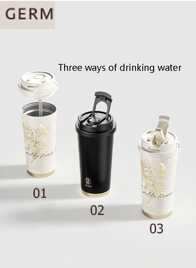 GERM Camellia - 500ml New Insulated Coffee Mug with Straw, Portable Lightweight Camping Water Bottle for Outdoors and Travel. Dimensions with Lid: 18.5 x 9.5cm. 12-Hour Long-Lasting Insulation. Suitable for Drinking Water, Tea, Coffee, Smoothies, or Juice. Ideal for Business Use, Travel, or as a Gift. (White + Blue Floral Pattern) - Image 3