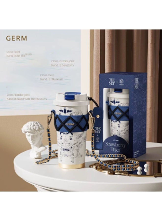 GERM Camellia - 500ml New Insulated Coffee Mug with Straw, Portable Lightweight Camping Water Bottle for Outdoors and Travel. Dimensions with Lid: 18.5 x 9.5cm. 12-Hour Long-Lasting Insulation. Suitable for Drinking Water, Tea, Coffee, Smoothies, or Juice. Ideal for Business Use, Travel, or as a Gift. (White + Blue Floral Pattern) - Image 1