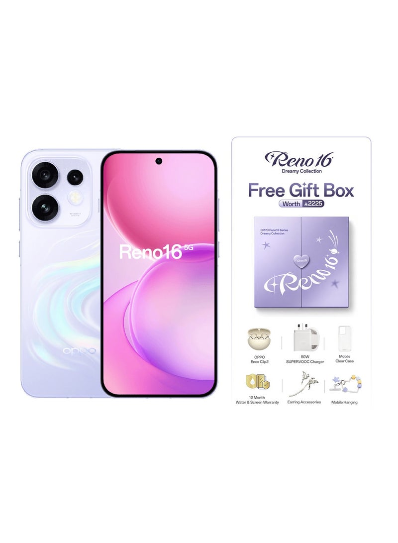 أوبو Reno16 5G Dual SIM Dream Purple Box 12GB RAM 256GB with FREE Enco Clip2, Earring and mobile hanging Accessories – Middle East Version - Image 1