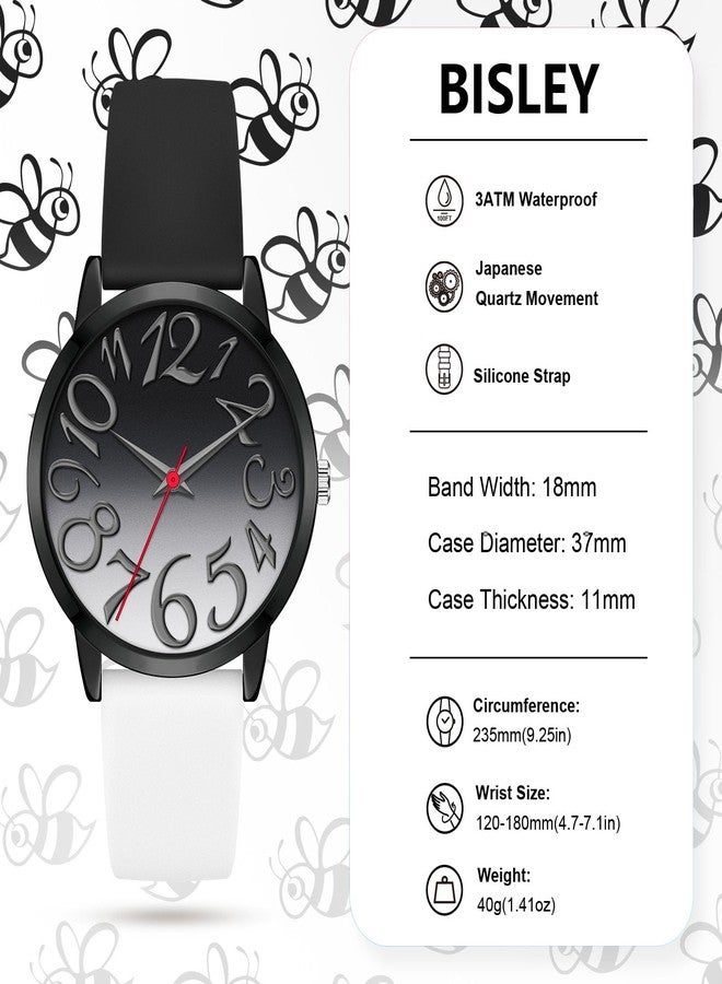 Bisley 37MM Watch for Women Black and White Watch Silicone Strap Waterproof Watch Big Face Easy to Read, Black/White, Casual watch - Image 4
