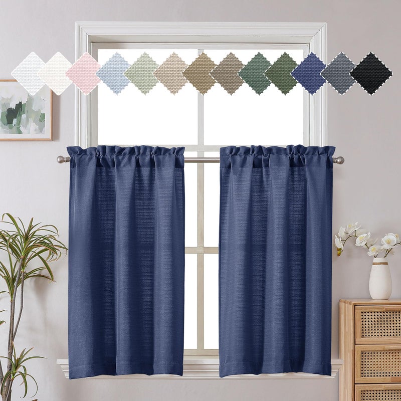 Chyhomenyc Blue Curtains 30 Inch Length Faux Linen Textured Small Cafe Curtains Light Filtering Short Curtains For Basement Curtains Window 30X30 Inch 2Pcs - Image 1