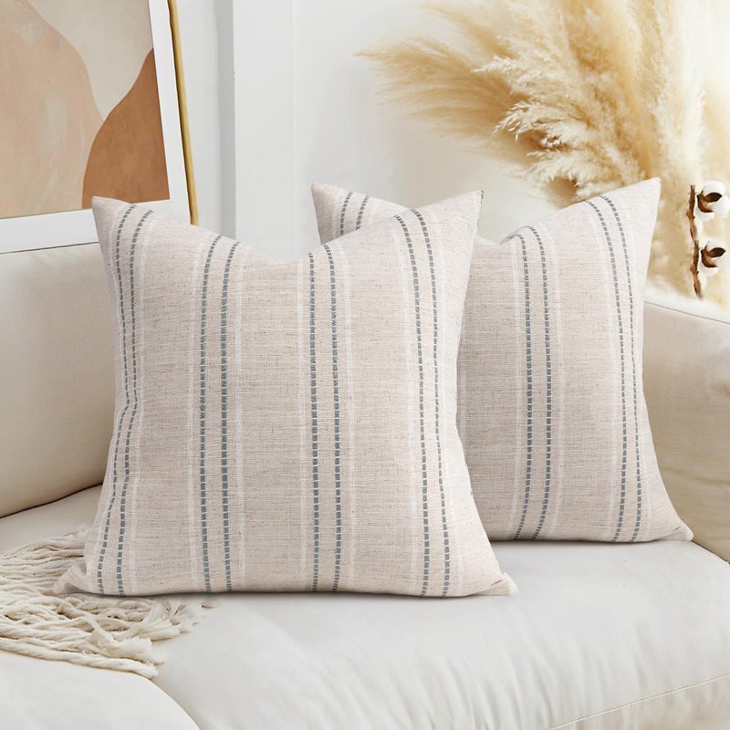 AELS 18x18 Decorative Farmhouse Linen Throw Pillow Covers Boho Textured Pillow Case Set of 2 Beige with White Gray Stitch Yarn Dyed Stripe Cushion Cover for Sofa Couch Living Room Cover ONLY