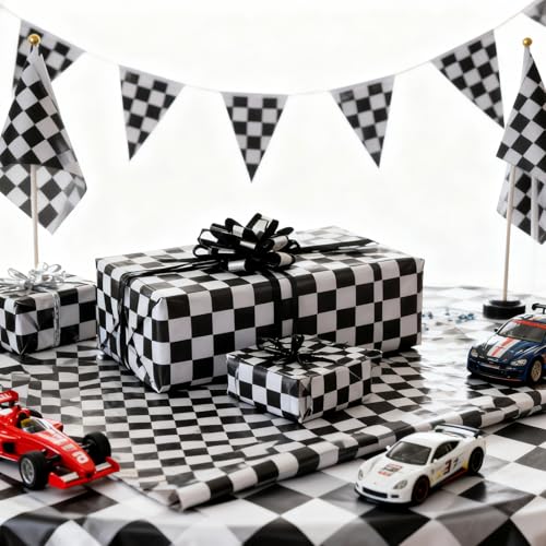 ZINTBIAL Checkered Flag Wrapping Paper Roll - Race Car Gift Wrap for Kids Birthday, Boys Girls Birthday, Baby Shower - 17 Inches x 16.5 Feet (24 sq. ft) - Image 5