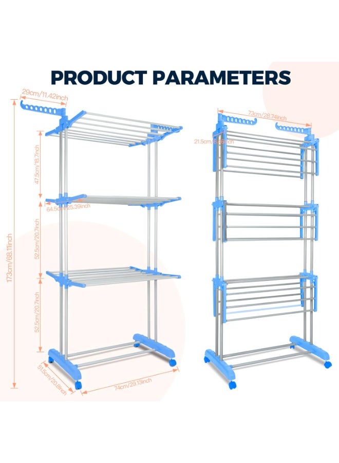 رف تجفيف الملابس مع مجفف للجوارب، شماعة ملابس قابلة للطي من 4 طبقات، رفوف غسيل ملابس من الستانلس ستيل شديدة التحمل وقابلة للتعديل للاستخدام الداخلي والخارجي (ازرق - ابيض) - Image 3