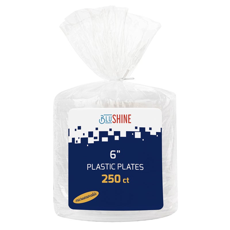 BluShine 250 Pack - 6 Inch White Plastic Plates Disposable Strong and Sturdy - Image 1