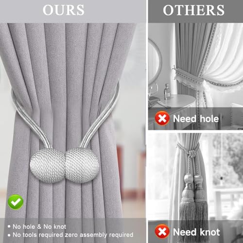 XBEY Magnetic Curtain Tiebacks, Binding Weaving Curtain Holder Clips Rope Holder Convenient Drape Tie Backs for Window Drapries (Pack of 2,Grey) - Image 5