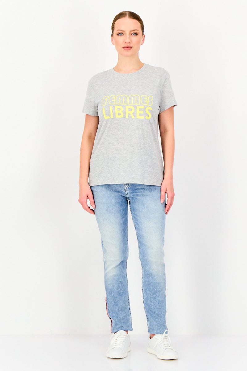 promod Women Crew Neck Short Sleeve Graphic Print T-Shirt, Grey - Image 4