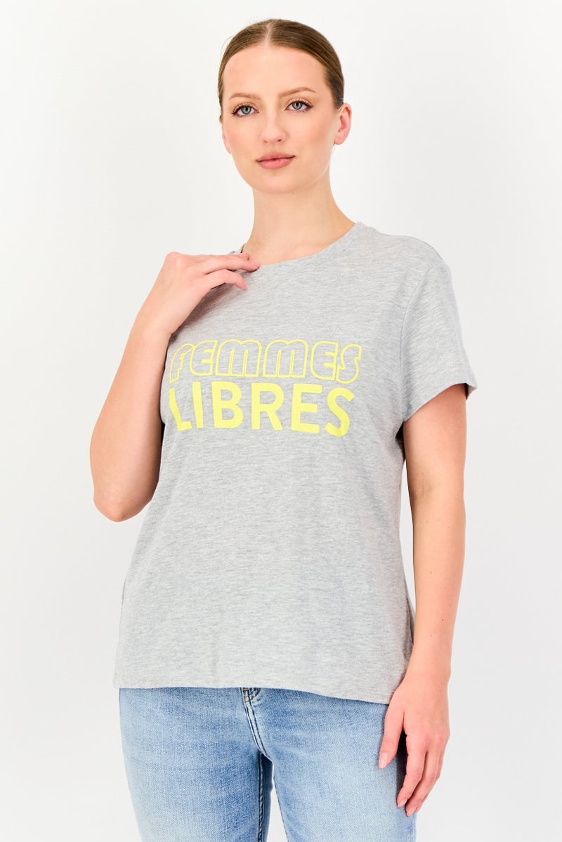 promod Women Crew Neck Short Sleeve Graphic Print T-Shirt, Grey - Image 1