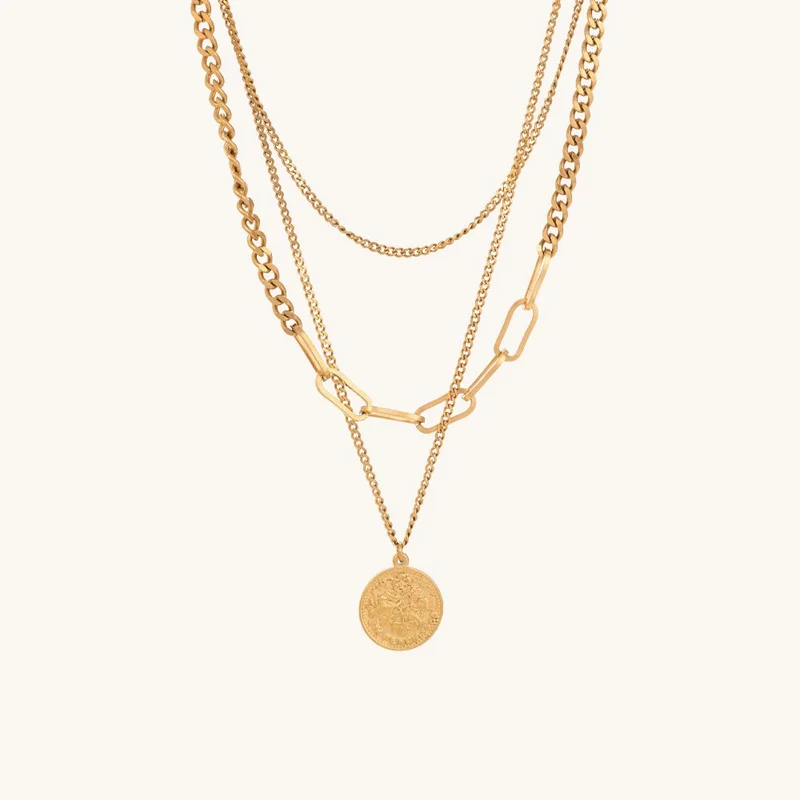 بالموناس PALMONAS 18k Gold Tone Plated Penny Elizabeth Three Layer Necklace
 for Women