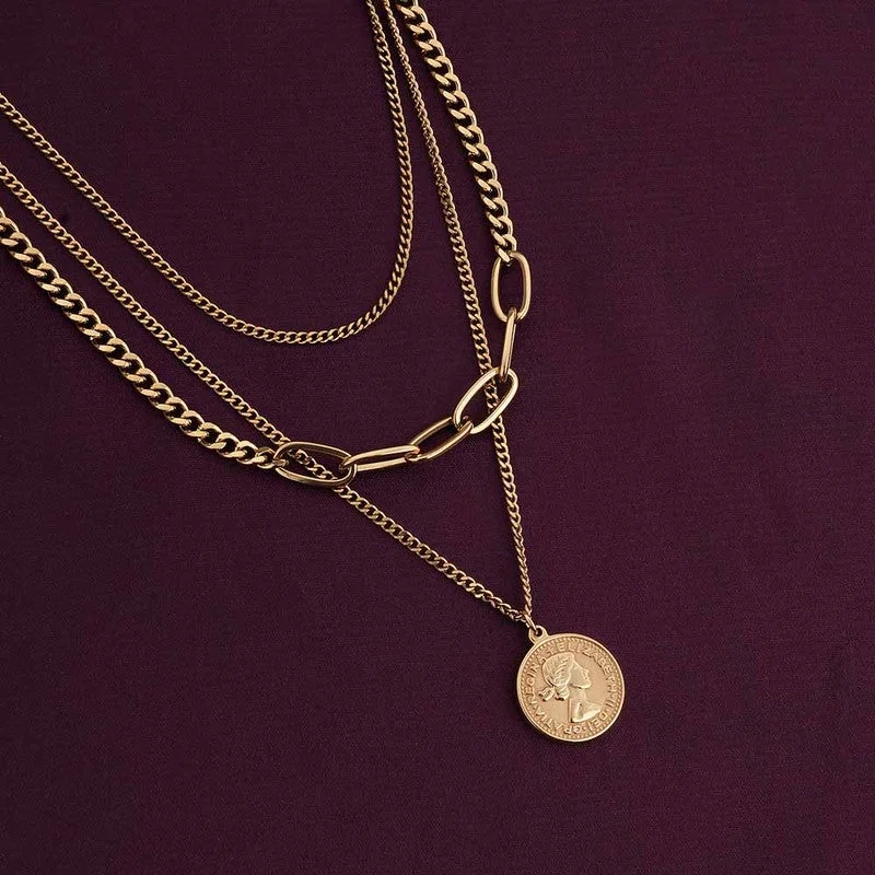 بالموناس PALMONAS 18k Gold Tone Plated Penny Elizabeth Three Layer Necklace
 for Women