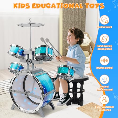 LeeQee Drum Set for Kids 13 Jazz Drumset for Toddler 35 Vibrant Aurora Light with 5 Pcs High Drums Musical Instruments Toy for Age 57 Year Old Boys Girls - Image 5