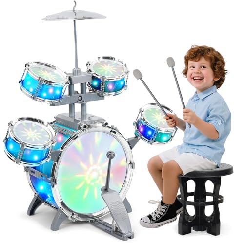 LeeQee Drum Set for Kids 13 Jazz Drumset for Toddler 35 Vibrant Aurora Light with 5 Pcs High Drums Musical Instruments Toy for Age 57 Year Old Boys Girls - Image 1