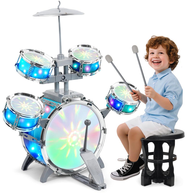 LeeQee Drum Set for Kids 13 Jazz Drumset for Toddler 35 Vibrant Aurora Light with 5 Pcs High Drums Musical Instruments Toy for Age 57 Year Old Boys Girls - Image 3