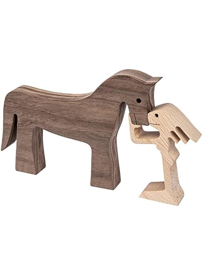 ISHINE Handmade Wooden Horse Sculptures Handmade Accents Craft Figurine for Home Decor Accents,Woman and Horse Wooden Statue,Animal Sculptures Collection,Gift for Horse Lover - Image 1