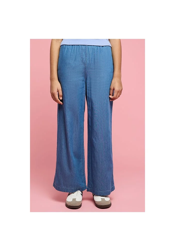 R&b Washed Wide Leg Denim Pants with Elastic Waist
