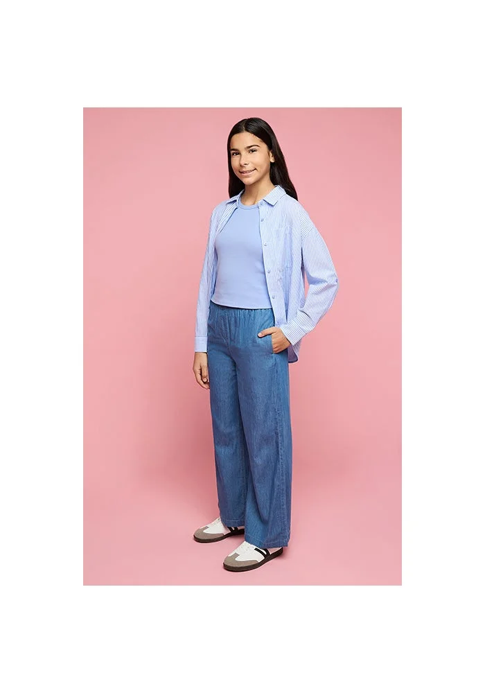 R&b Washed Wide Leg Denim Pants with Elastic Waist