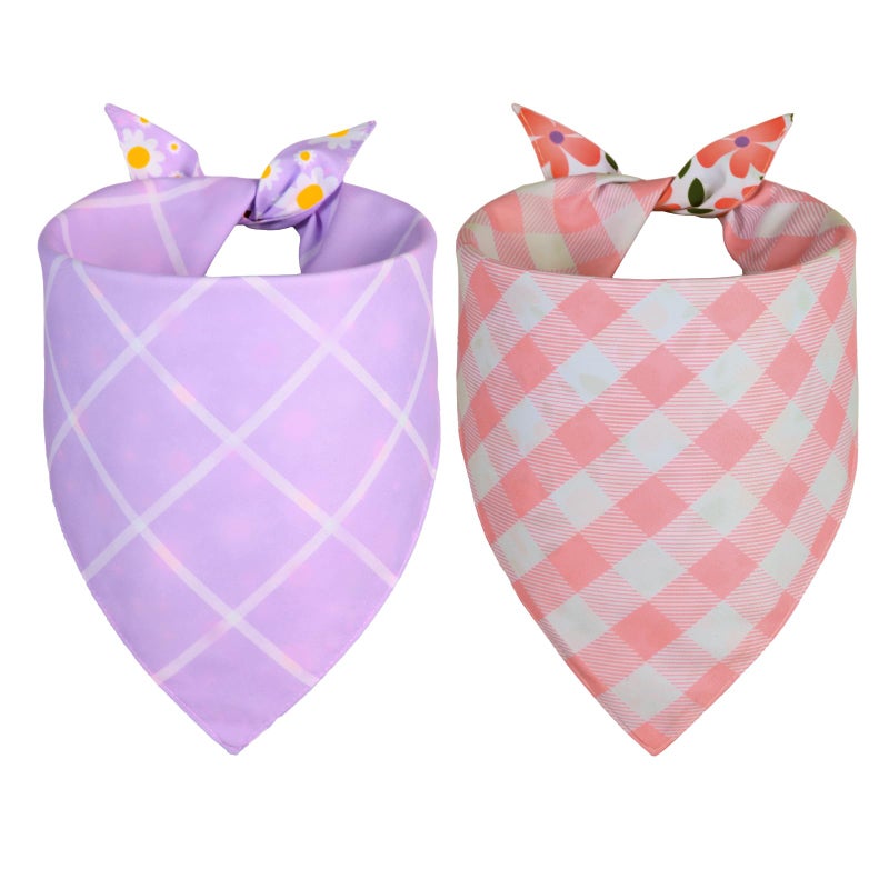 Agroon Spring Dog Bandanas Girl Large 2PCS, Purple Pink Daisy Summer Scarf, Durable Triangle Reversible Spring Bibs Handkerchief for Puppy Pet - Image 2