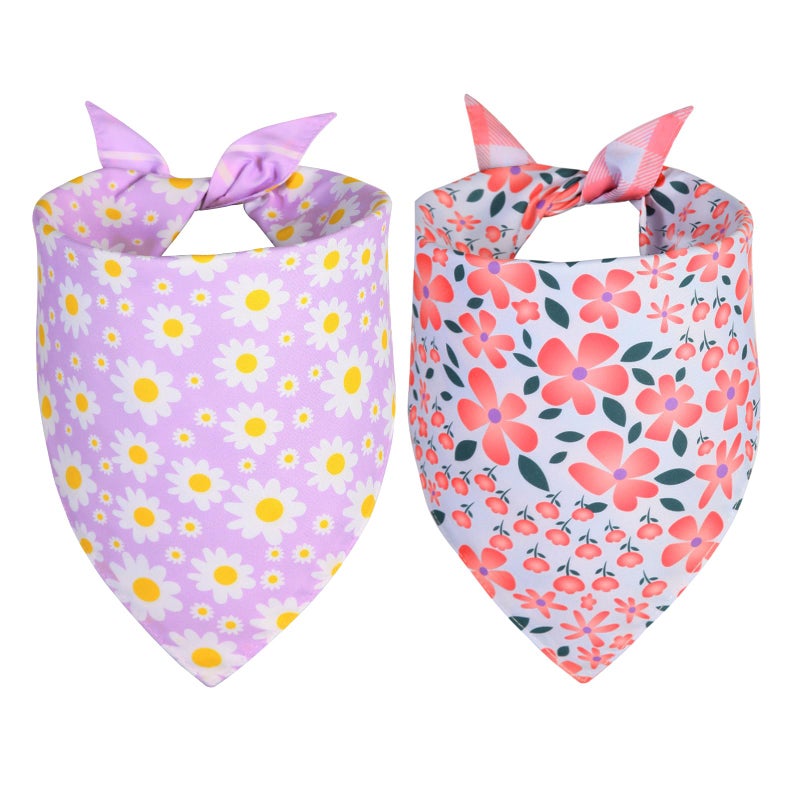 Agroon Spring Dog Bandanas Girl Large 2PCS, Purple Pink Daisy Summer Scarf, Durable Triangle Reversible Spring Bibs Handkerchief for Puppy Pet - Image 1