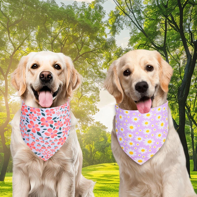 Agroon Spring Dog Bandanas Girl Large 2PCS, Purple Pink Daisy Summer Scarf, Durable Triangle Reversible Spring Bibs Handkerchief for Puppy Pet - Image 4