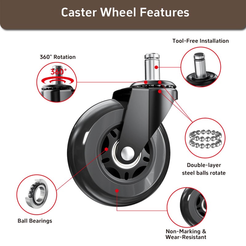 ASHGOOB 3 Inch Office Chair Wheels Set of 5, Heavy Duty Replacement Casters, Smooth Quiet Roll for Hardwood Floor Carpet, Universal 11mm Stem, Non-Marking PU Wheelsï¼ˆBlack 5 Pack - Image 4