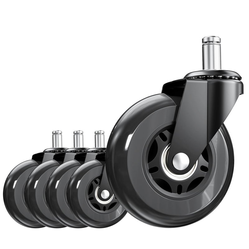 ASHGOOB 3 Inch Office Chair Wheels Set of 5, Heavy Duty Replacement Casters, Smooth Quiet Roll for Hardwood Floor Carpet, Universal 11mm Stem, Non-Marking PU Wheelsï¼ˆBlack 5 Pack - Image 1