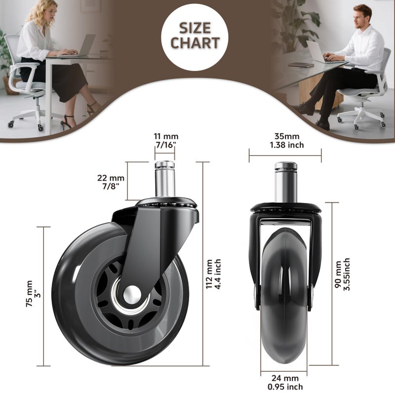 ASHGOOB 3 Inch Office Chair Wheels Set of 5, Heavy Duty Replacement Casters, Smooth Quiet Roll for Hardwood Floor Carpet, Universal 11mm Stem, Non-Marking PU Wheelsï¼ˆBlack 5 Pack - Image 2