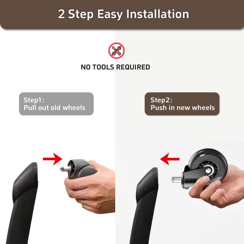 ASHGOOB 3 Inch Office Chair Wheels Set of 5, Heavy Duty Replacement Casters, Smooth Quiet Roll for Hardwood Floor Carpet, Universal 11mm Stem, Non-Marking PU Wheelsï¼ˆBlack 5 Pack - Image 3