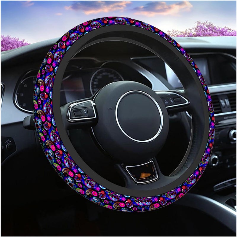Swono Sugar Skull Steering Wheel Cover Abstract Purple Sugar Skull and Paisley Flower Skull Anti-Slip Car Wheel Wrap Compatible with Most Auto Cars Trucks with 15 Inch Steering Wheels - Image 1