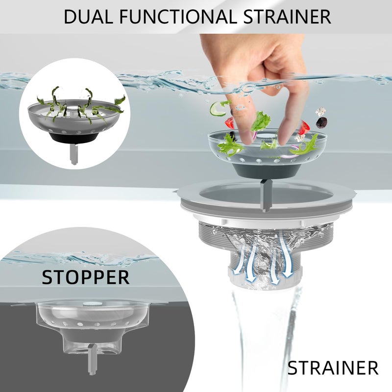 Exakey Kitchen Sink Drain 3-1/2 Inch Brushed Stainless Steel Sink Drain Strainer Assembly Kit with Sink Strainer Basket and Drain Stopper for Standard Kitchen Drains Brush Nickel Silver - Image 2