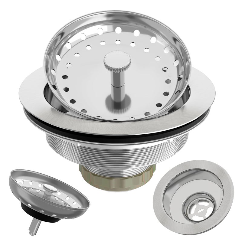 Exakey Kitchen Sink Drain 3-1/2 Inch Brushed Stainless Steel Sink Drain Strainer Assembly Kit with Sink Strainer Basket and Drain Stopper for Standard Kitchen Drains Brush Nickel Silver - Image 1