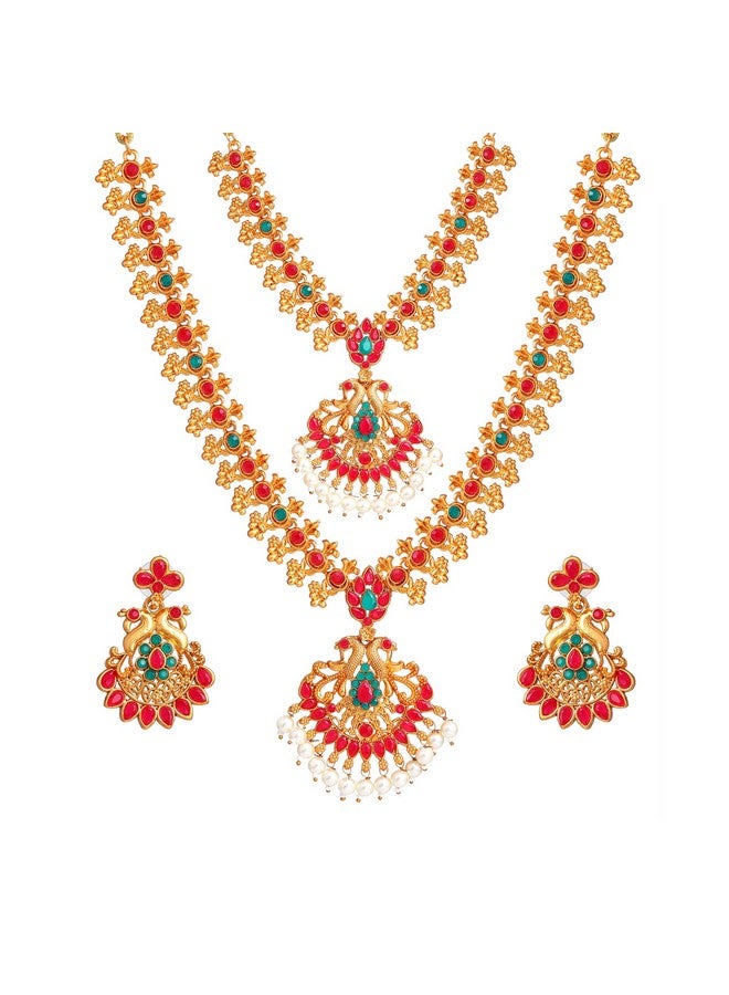 Estele Gehena Jewellery Gold Plated Sublime Devotion Nakshi Antique 2 Necklace Sets with Colored Stones & Pearls for Women-OS-J01-SHV NKER - Image 1