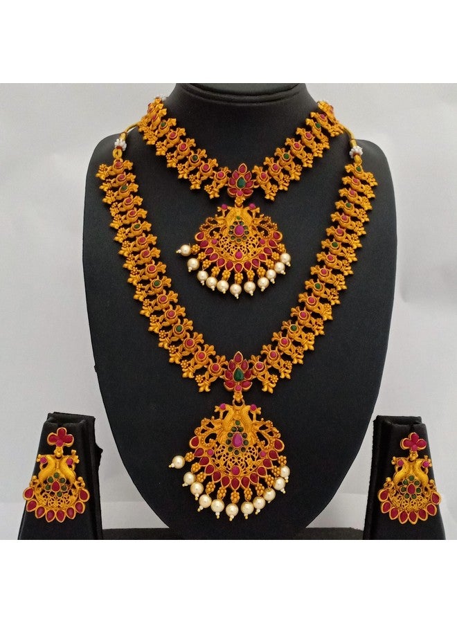 Estele Gehena Jewellery Gold Plated Sublime Devotion Nakshi Antique 2 Necklace Sets with Colored Stones & Pearls for Women-OS-J01-SHV NKER - Image 3