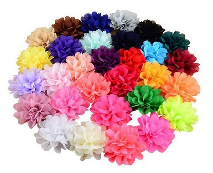 30 PCS 4 INCHES 30 SOLID COLOURS HANDMADE CHIFFON FLOWERS FOR WOMEN DIY FLOWER HEADBANDS DECORATIVE WEDDING FLOWERS