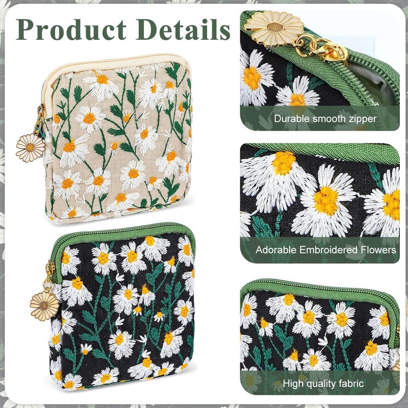 May Create ® Small Pouches, 2Pcs Daisy Sanitary Napkin Storage Bag, Embroidery Makeup Pouch, Cotton Soft Small Items Lipstick Pouch for Women Teen Girls - Image 3