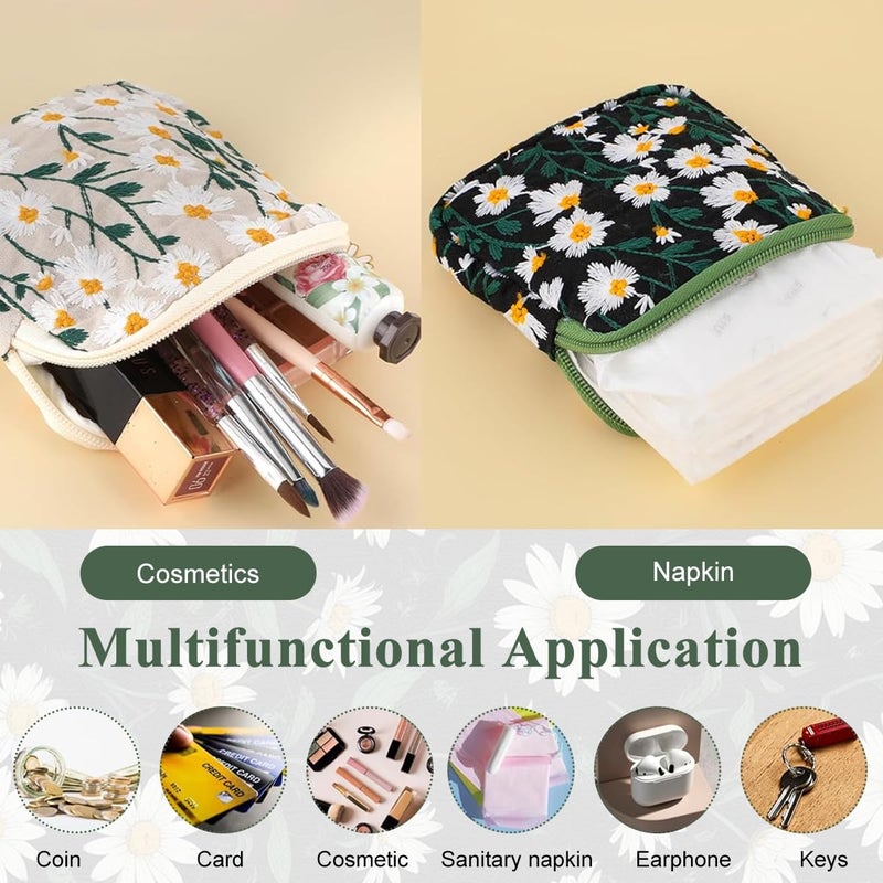 May Create ® Small Pouches, 2Pcs Daisy Sanitary Napkin Storage Bag, Embroidery Makeup Pouch, Cotton Soft Small Items Lipstick Pouch for Women Teen Girls - Image 4