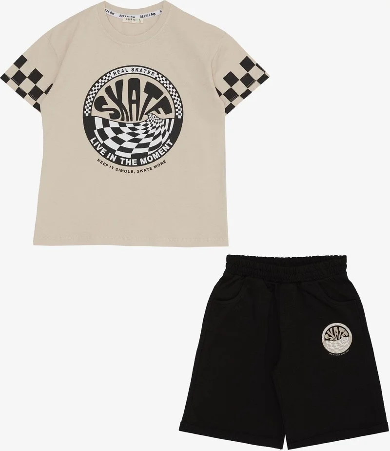 Breeze Breeze Boy's Shorts Set Skate Themed Text Printed 8-14 Years, Beige