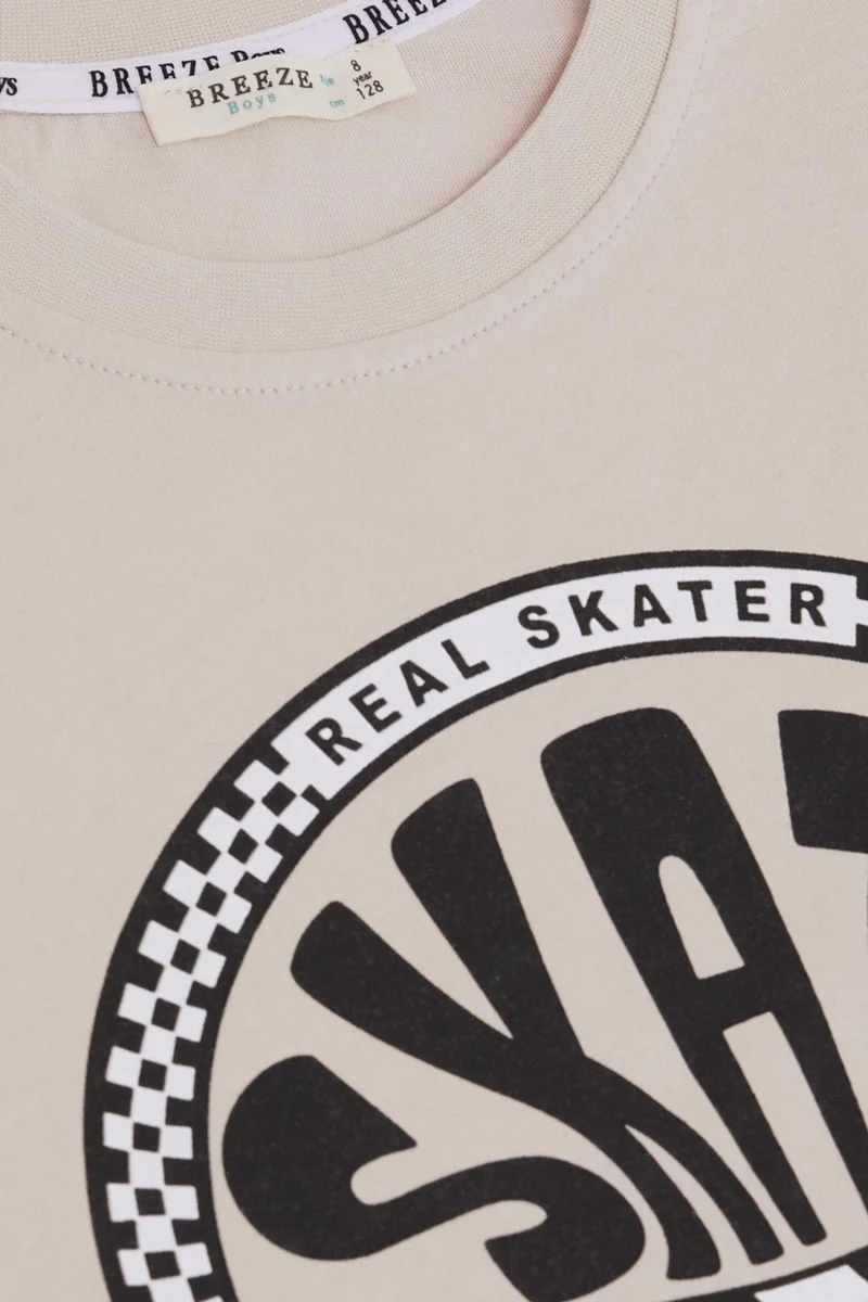 Breeze Breeze Boy's Shorts Set Skate Themed Text Printed 8-14 Years, Beige
