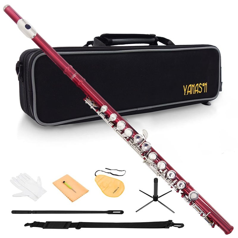 YANASON Red C Flute Closed Hole 16 Keys Flute NickelPlated for Beginner Student and Professionals with Carrying case Metal stand Gloves Tuning Rod Cleaning kitRed - Image 2
