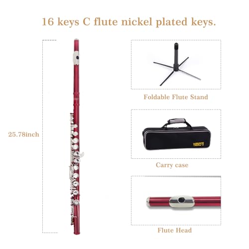 YANASON Red C Flute Closed Hole 16 Keys Flute NickelPlated for Beginner Student and Professionals with Carrying case Metal stand Gloves Tuning Rod Cleaning kitRed - Image 3
