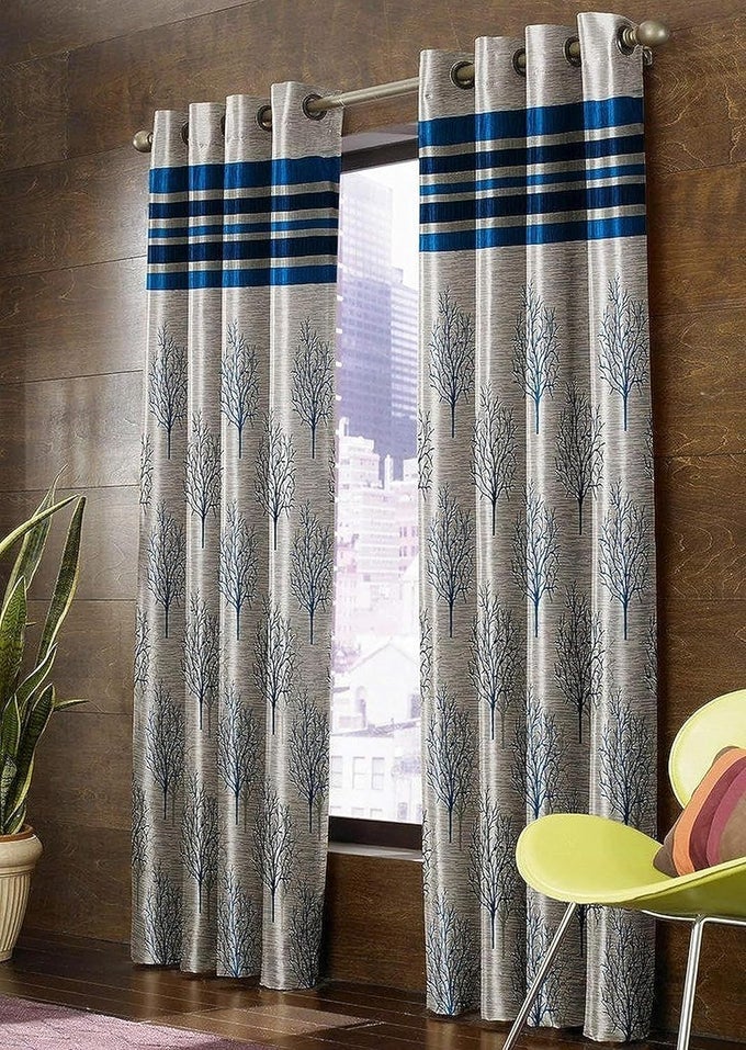 3 Piece Jute Blackout Heavy Jacquard Tree Curtains for Long Door 8 Feet Aqua