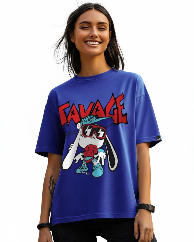 Bewakoof Women's Being Savage Graphic Printed Oversized Cotton T-Shirt Oversized Fit, Round Neck, Half Sleeves_589866_Blue_XL - Image 1
