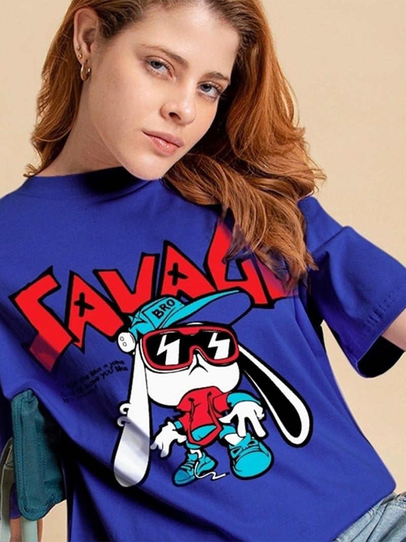 Bewakoof Women's Being Savage Graphic Printed Oversized Cotton T-Shirt Oversized Fit, Round Neck, Half Sleeves_589866_Blue_XL - Image 5