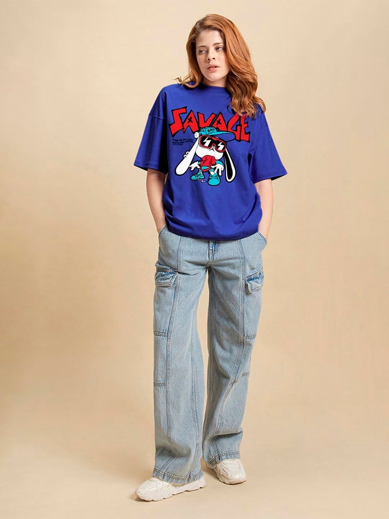 Bewakoof Women's Being Savage Graphic Printed Oversized Cotton T-Shirt Oversized Fit, Round Neck, Half Sleeves_589866_Blue_XL - Image 4