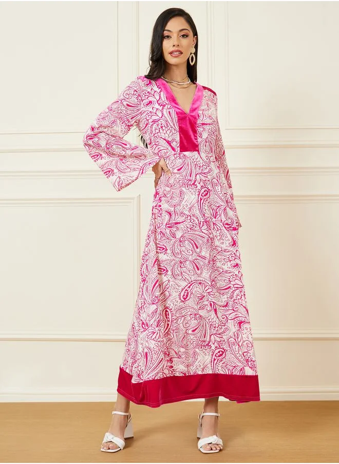 Styli Paisley Print V Neck A-Line Maxi Dress