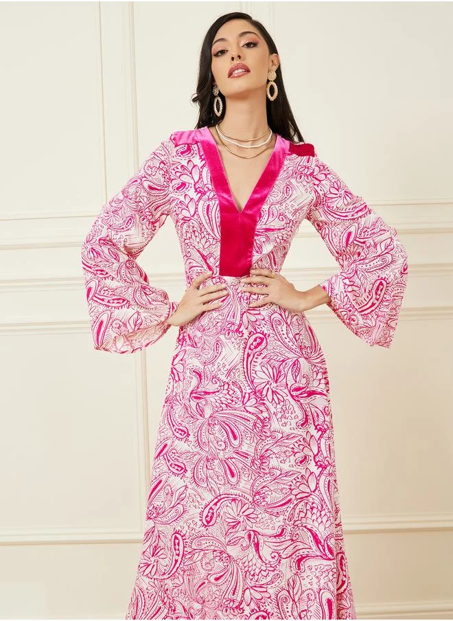 Styli Paisley Print V Neck A-Line Maxi Dress
