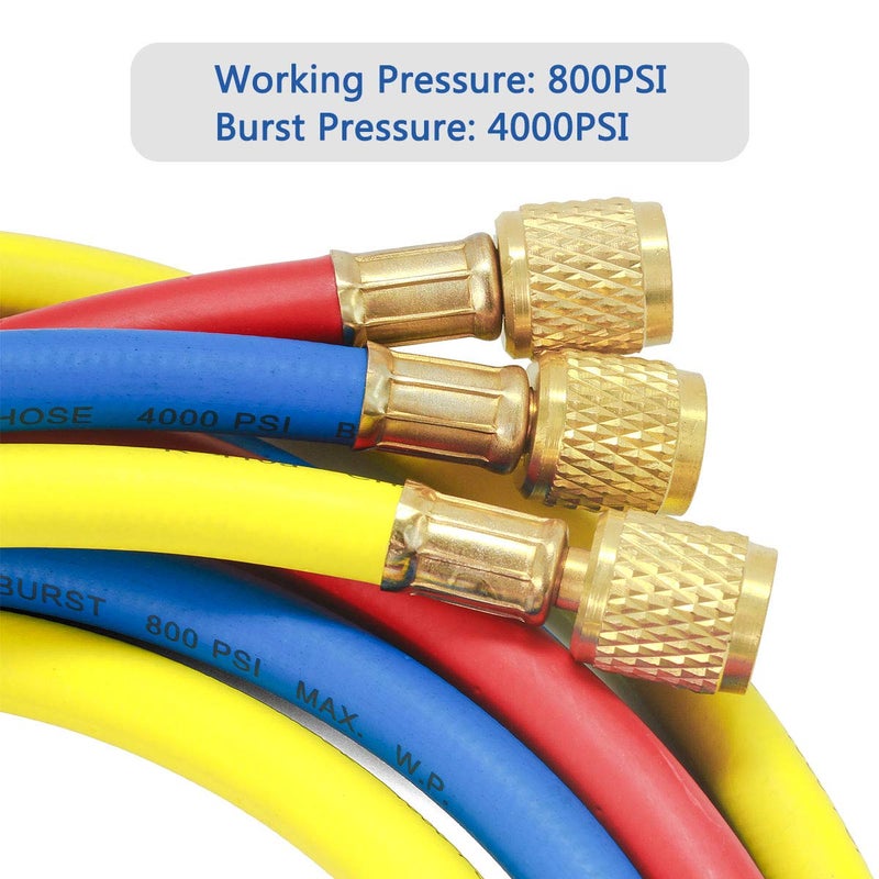 Elitech Refrigerant Charging Hose for R134a R404a R12 R22 Air Conditioning Refrigerant 1/4''Fitting, 59'', Set of 3 - Image 4