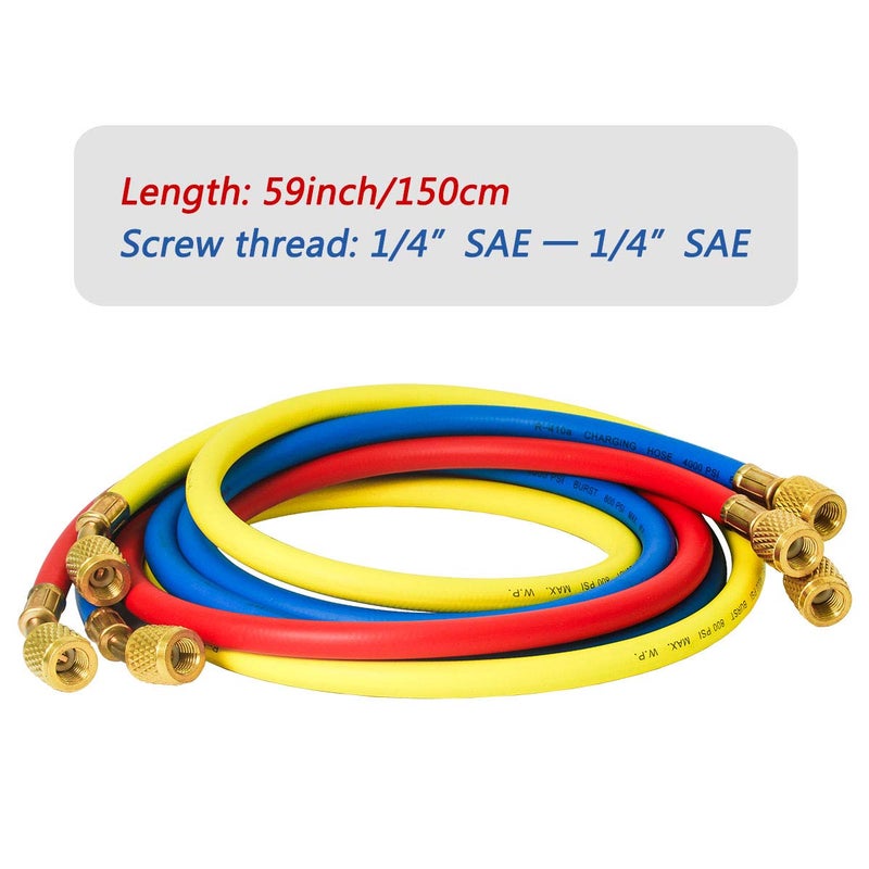 Elitech Refrigerant Charging Hose for R134a R404a R12 R22 Air Conditioning Refrigerant 1/4''Fitting, 59'', Set of 3 - Image 2