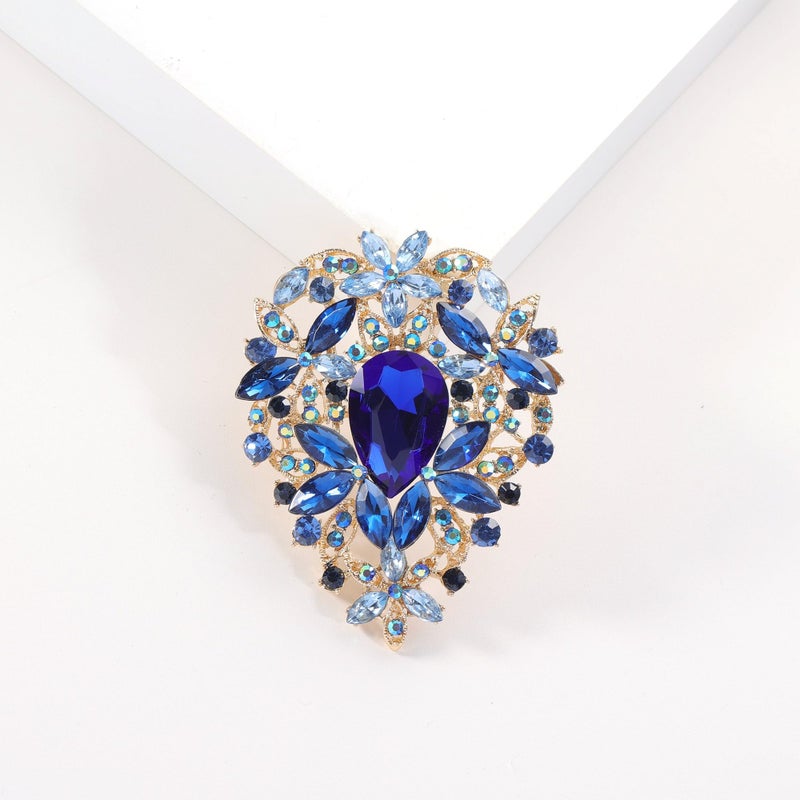YOQUCOL Vintage Blue Austrian Crystal Rhinestone Leaf Shape Big Large Brooch Pin For Women Gold Tone - Image 4
